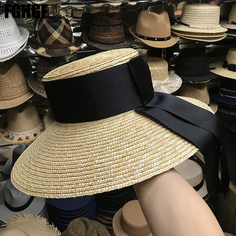 Natural Women Sun Hats Black Ribbon 9cm 13cm 15cm Flat Top Large Wide Brim Straw Hats Straw Hat Chapeu Sombrero Beach Hats