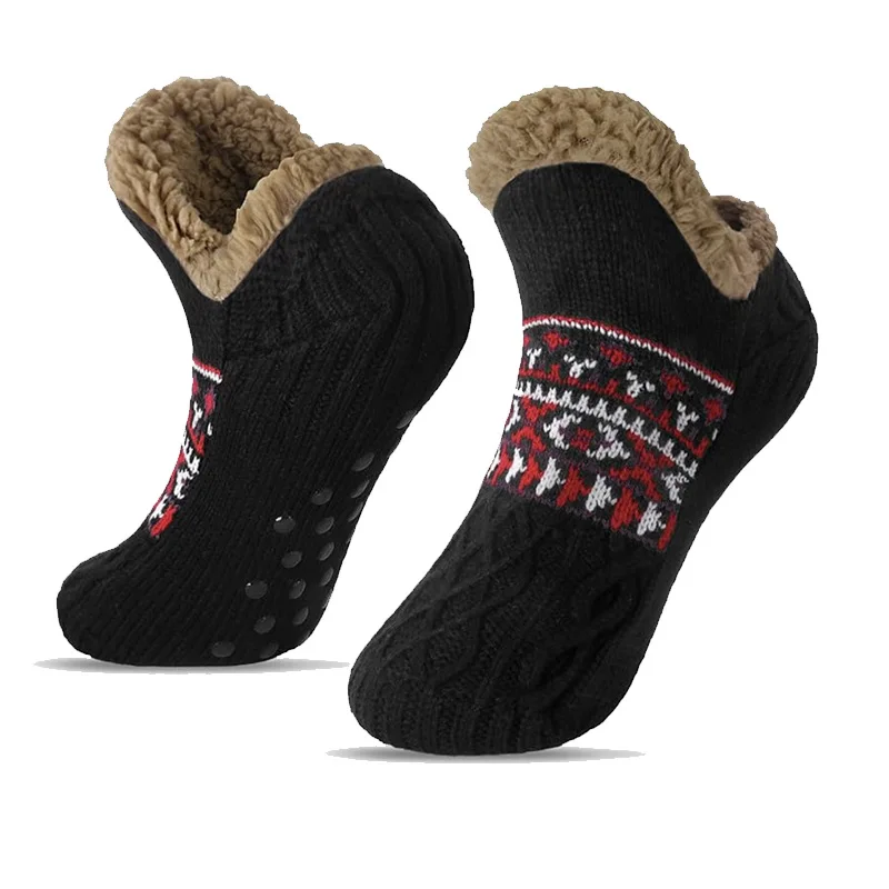 Winter Snow Socks Men Thicken Warm Home Bedroom Socks Slippers Man Non-Slip Foot Warmer Carpet knitted Socks Calcetines Hombre: 3XS / black