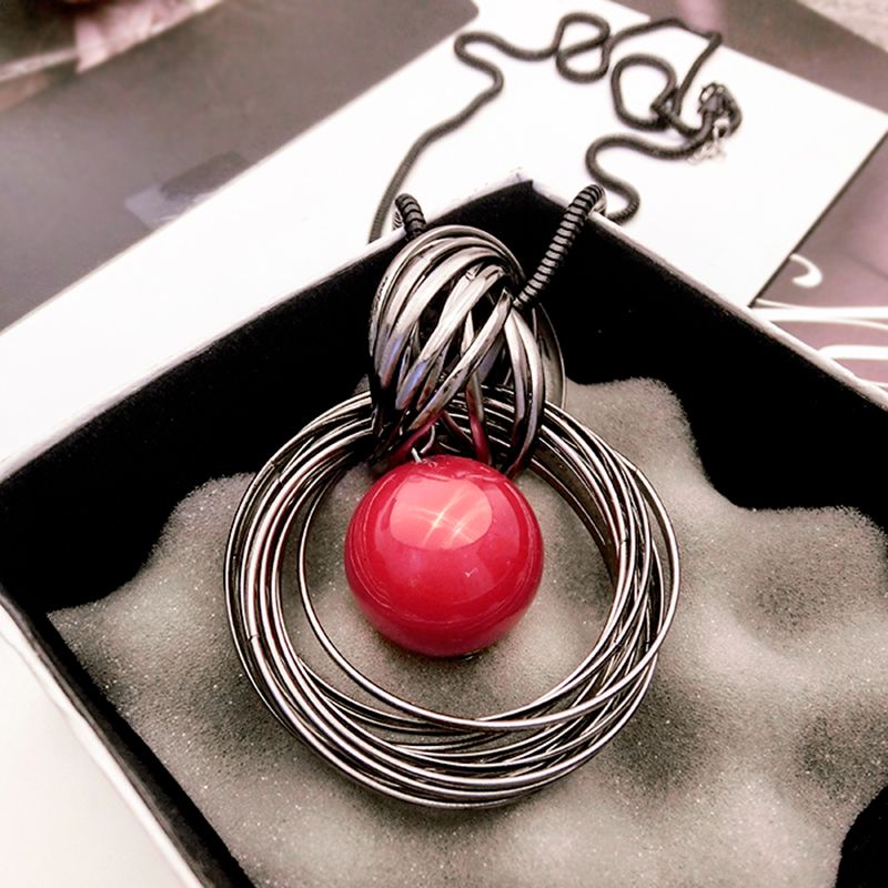 Ocean red pearl ball pendant long necklace circles simulated women black chain necklace jewelry