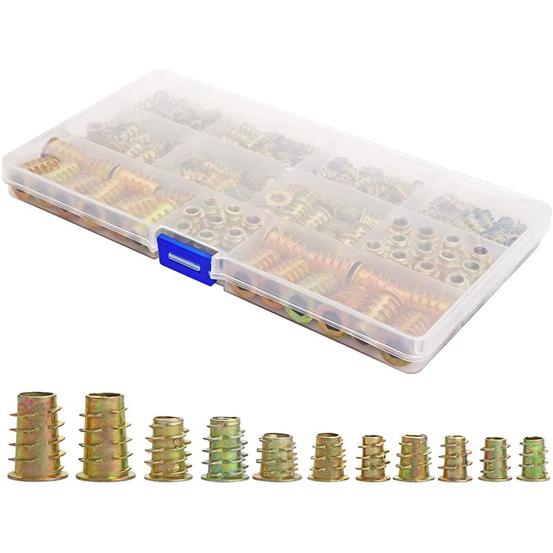SneiDr 230 stuks meubelbussen schroef inserts schroefdraad inserts M10/M8/M6 /M5/M4 verzinkt metalen schroefdraadinzetstuk moeren inschroefmoer zeskantbus schroef voor houten meubels