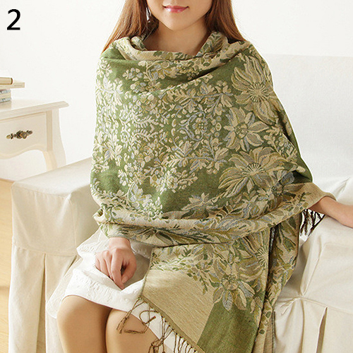 Bufanda Pashmina chal cálido largo con borlas patrón de flores estilo étnico Retro de para mujeres: green