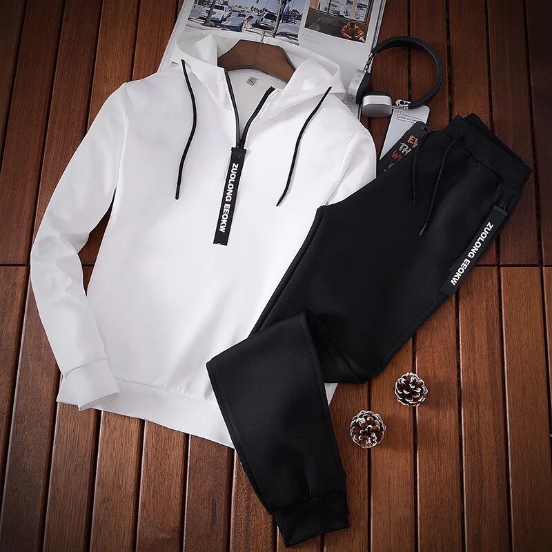 Jeugd Casual Sport Hoodie Zwart Pak Wit 2 Stuk Jogging Running Outfits Heren Herfst Effen Kleur Lange Mouwen Set