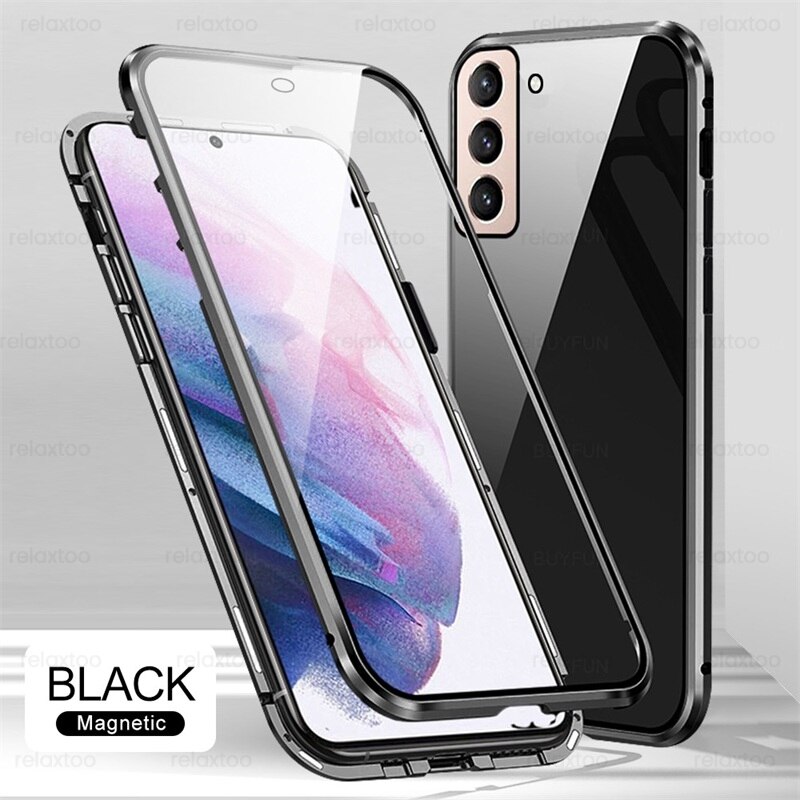 Samung S22 Ultra 360 ° dwustronne szkło hartowane Matel zderzak pełna osłona ochronna do Samsung Galaxy S22 Ultra Magnet Flip Coque: S22 Plus / black-01