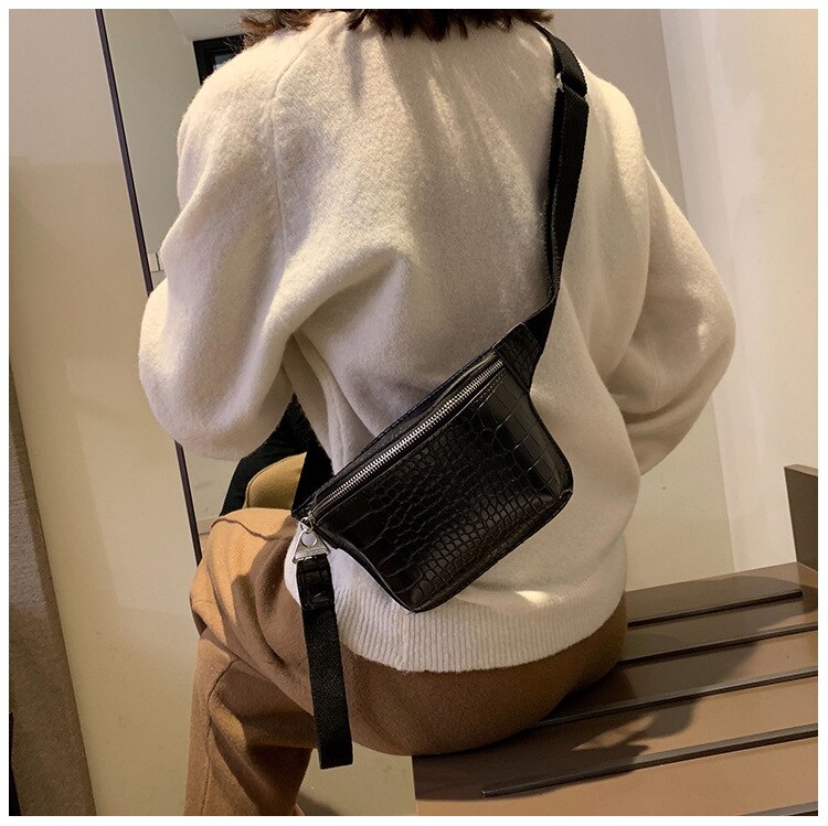 Swdf kvinners veske midjeveske krokodille flerfarget messenger brystveske clutch kvinnelig pu lær håndveske cross body veske: Svart