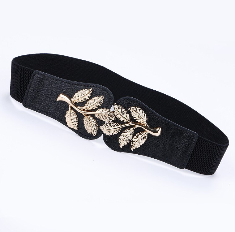 Fajas para mujer, cinturones para mujer, ropa de vestir, cinturón de señora, cinturones y fajas negras de cuero Pu para mujer, hebilla dorada elástica: black color