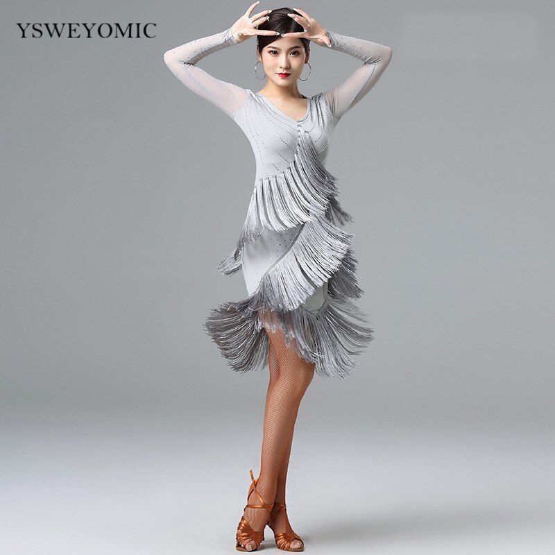Latin Chacha Dance Practice Dress Female Adult Dance Clothes Performance Tassel Latin Dress For Dance: Gray / XL