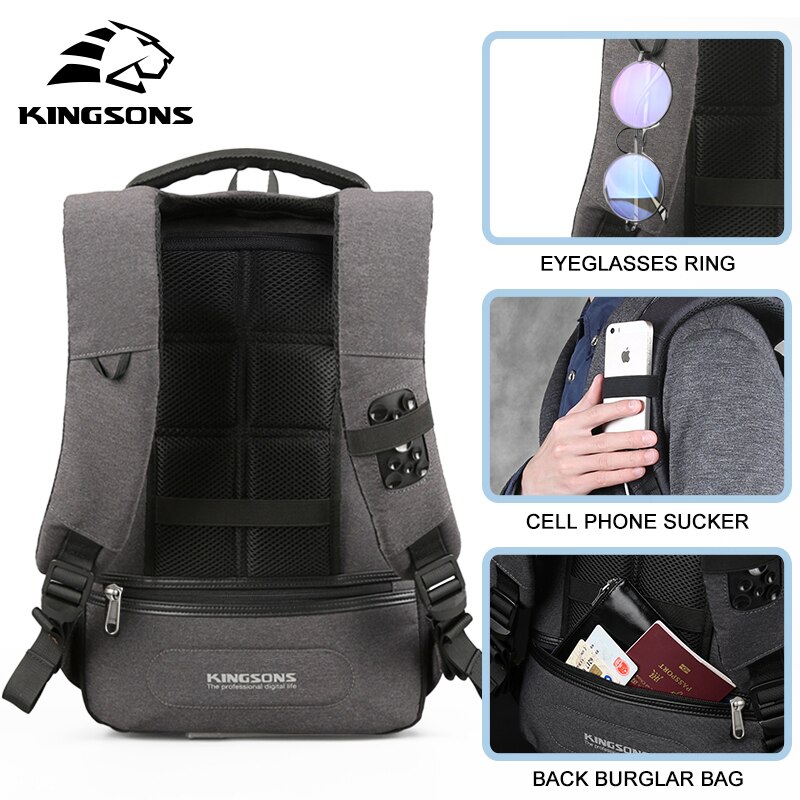 Kingsons Men Women Small Backpack 13''15'' Laptop Bags Bookbag School Bags USB Charging Anti-theft Lock Phone Sucker Luxury