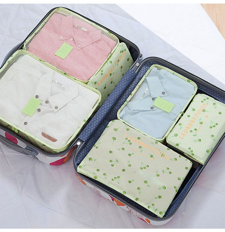 Nylon Packing Cube waterproof Travel Bag 6Pcs/Set System Durable Large Capacity Of Bags Unisex Clothing Sorting Organize: Green Cherry