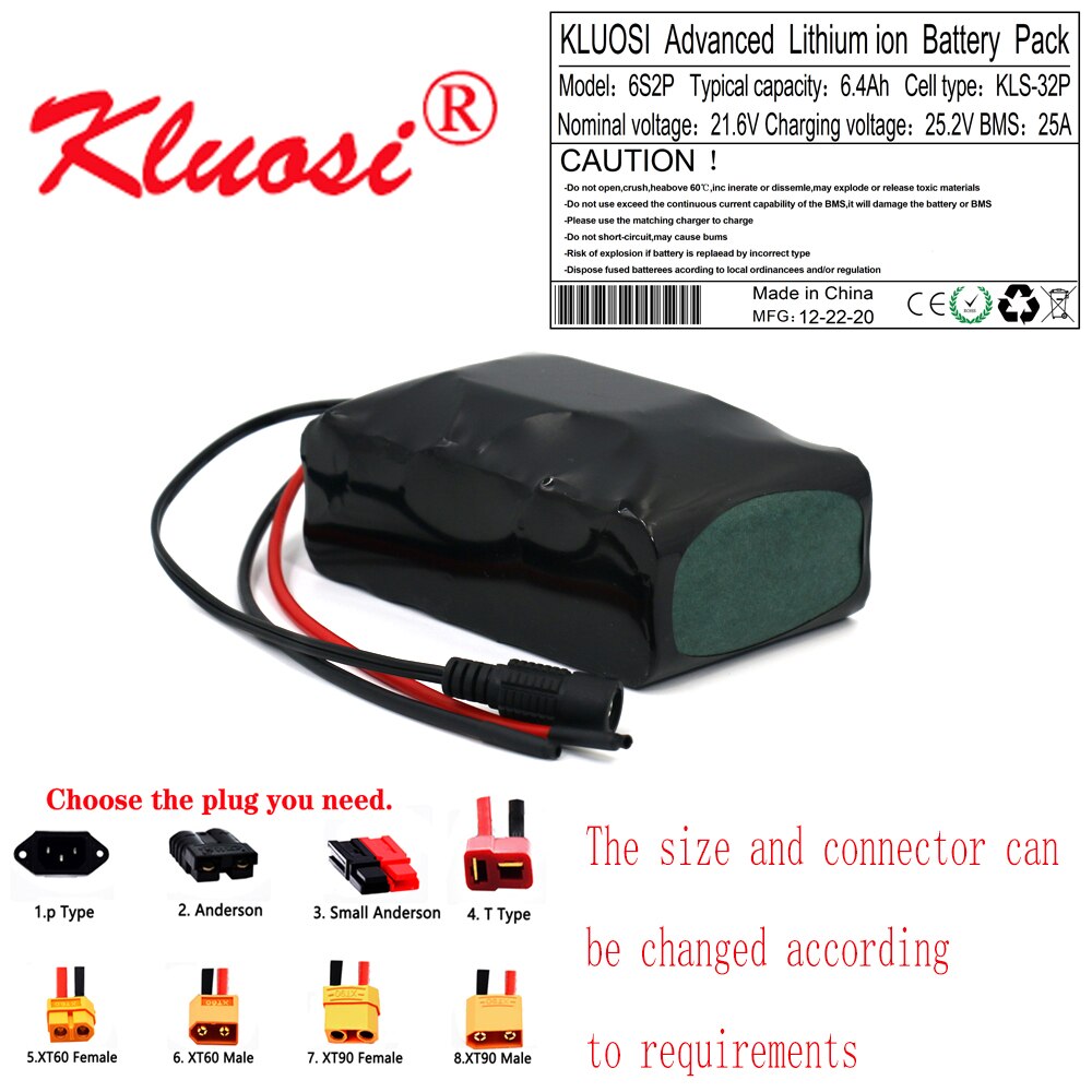 KLUOSI 6S2P 24V 6.4Ah 21.6V 6Ah 25.2V Lithium Battery Pack for Electric Bicycle Ebike Scooter Wheelchair Cropper with 25A BMS