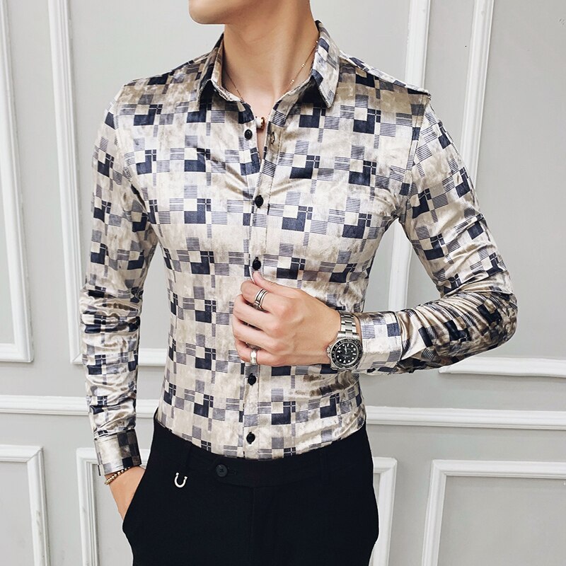 Ternet fløjlsskjorter plaid camisa hombre slim fit mænd street wear retro herre casual skjorter bomuld business kontor skjorte: Koreansk m
