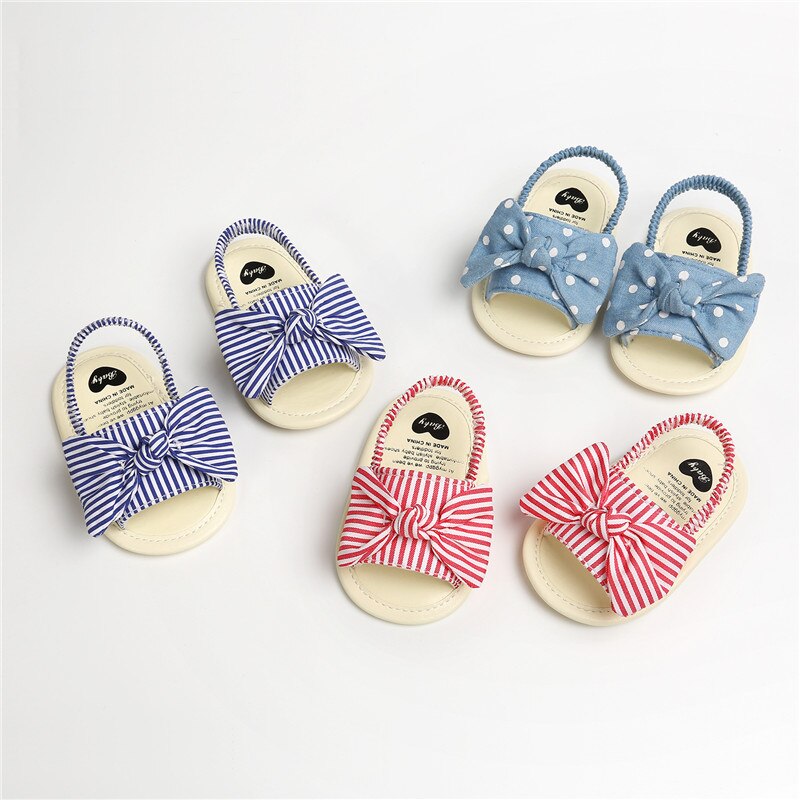 2020 criança infantil do bebê verão sandálias listrado dot print bowknot princesa sapatos de fundo macio 0-6m 6-12m 12-18m