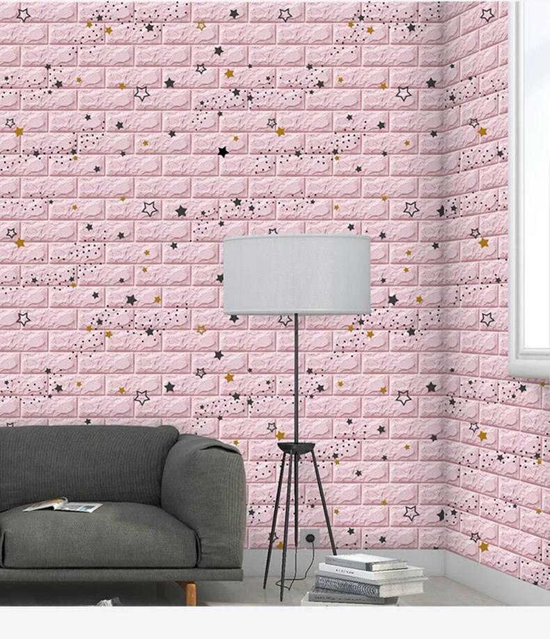 70*77cm bricolage auto-adhésif 3D Stickers muraux chambre étanche mousse brique chambre papier peint décor salon autocollant mural pour les enfants: pink stars