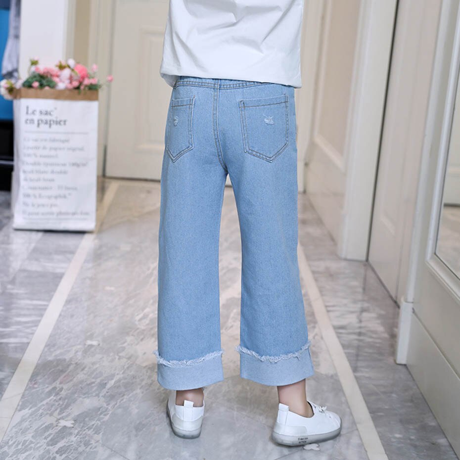 Jeans för flickor hål barn jeans tjejer höstmanschetter barn slitna jeans fritidskläder för flickor 6 8 10 12 14