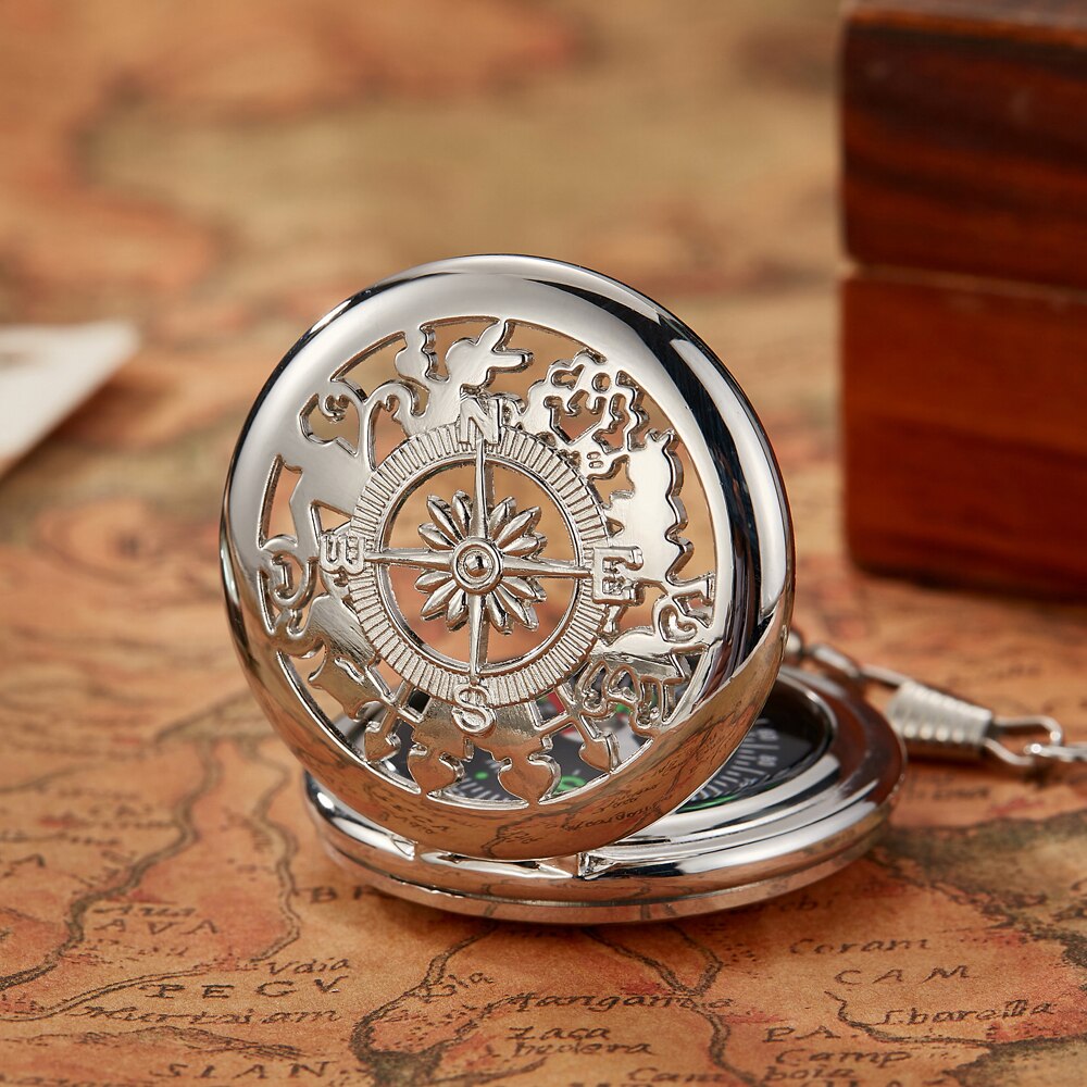 Aankomst Kompas Goud Bruin Retro Hollow Quartz Zakhorloge Fob Hanger Chain