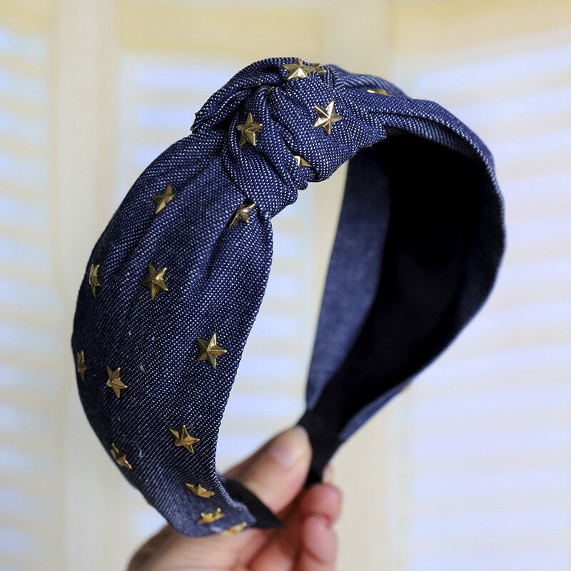 Vintage Sterren Jewel Rhinestone Denim Haarband Voor Vrouwen Knot Tulband Hoofdband Meisjes Haar Accessoires Bandeau Cheveux Opaska Doen: C606 navy