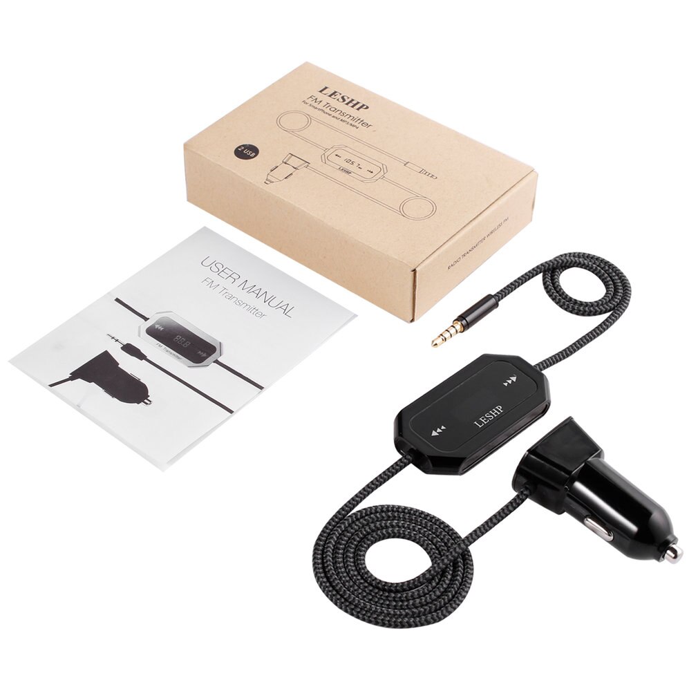 LESHP Wireless FM Transmitter Radio Car Kit for Smart Phones bundle with 3.5mm Audio Plug and Car Charger