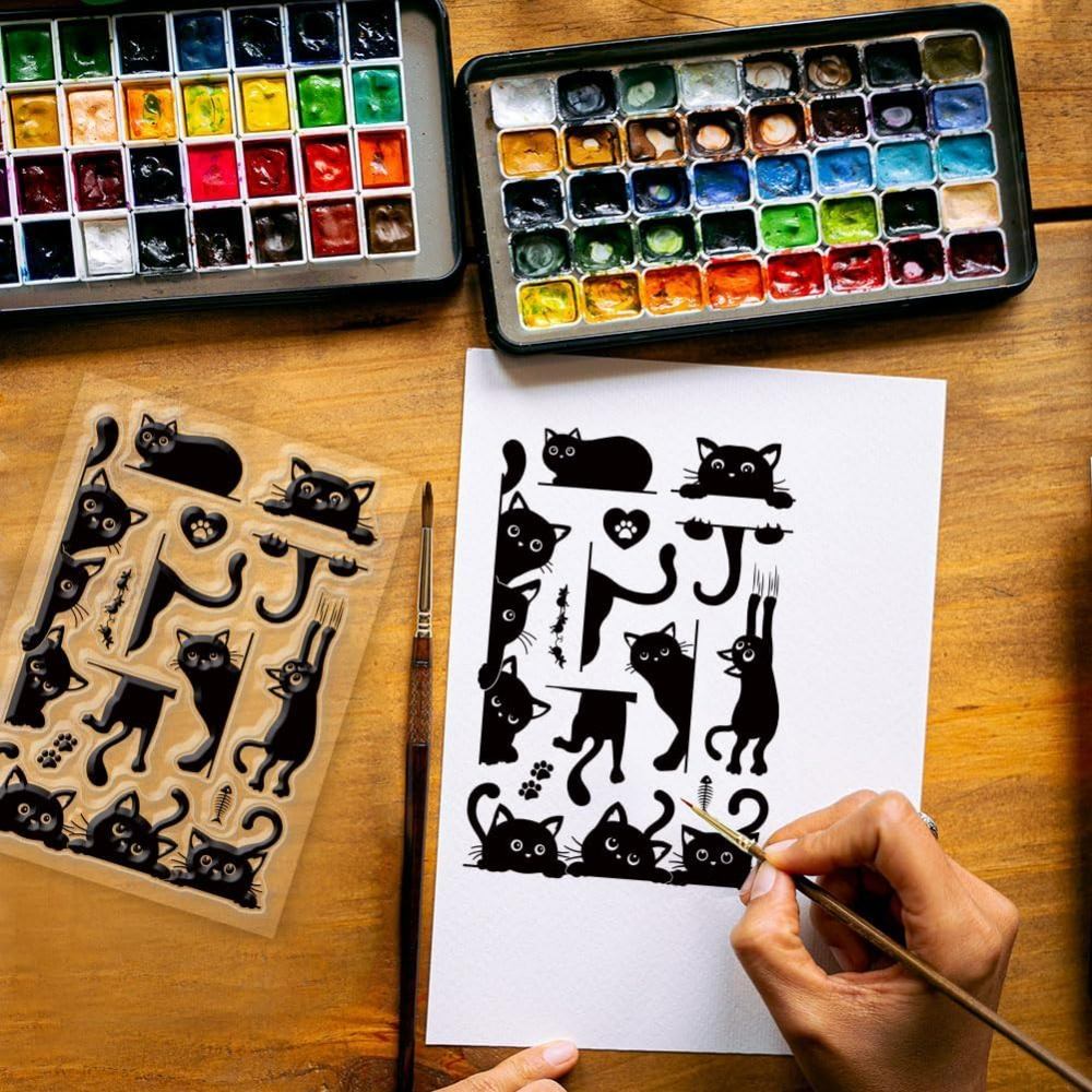 Black Cat Clear Stamps for DIY Scrapbooking Cat Border Silicone Stamp Seals Transparent Stamps for Cards Making Photo Album