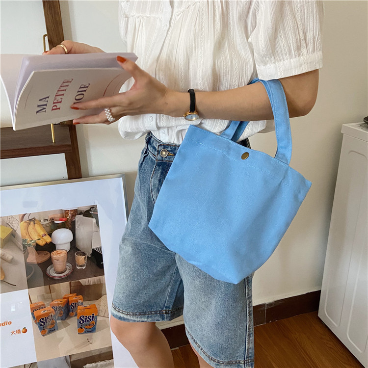 Draagbare Kleine Canvas Schoudertas Voor Vrouwen Eenvoudige Meisjes Student Bento Lunch Tas Snoep Kleuren Doek Winkelen Handtassen Mini Tote: blue