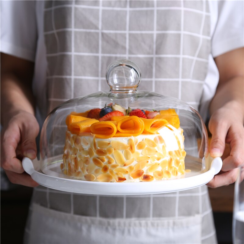 Keramische taartplaat glazen deksel dessert brood fruit dessertschaal bewaar schaal display standaard opbergschaal met deksel
