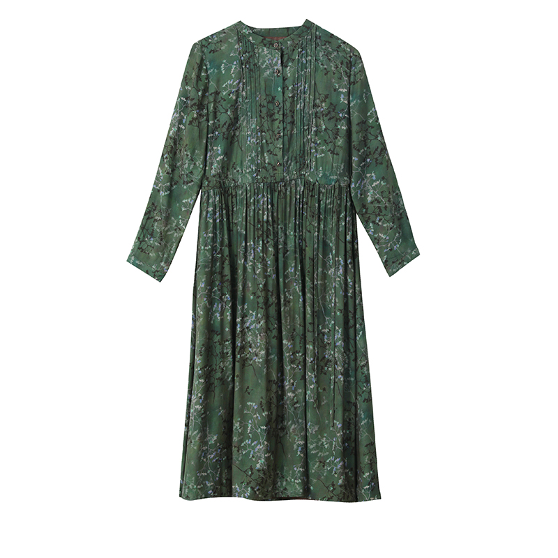 Sidenklänning tryck långärmad grön satin midiklänning kvinnor vintage casual festklänningar vår höst vestidos