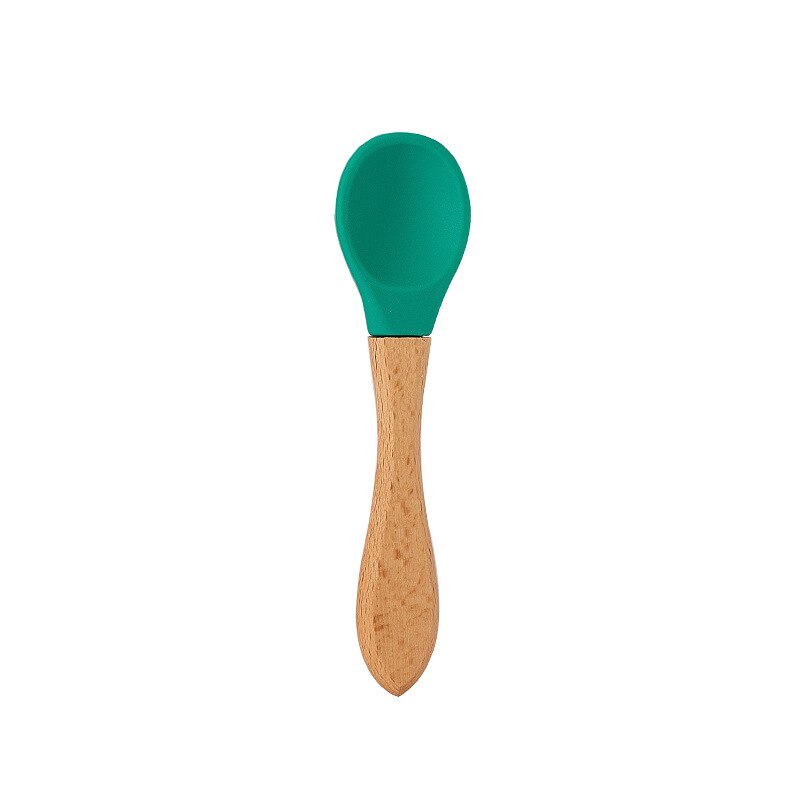 Feeding Wooden Handle Silicone Spoon For Baby Utensils Eat Soild Food Kids Training Manipulative Ability Children's Tableware: E219464