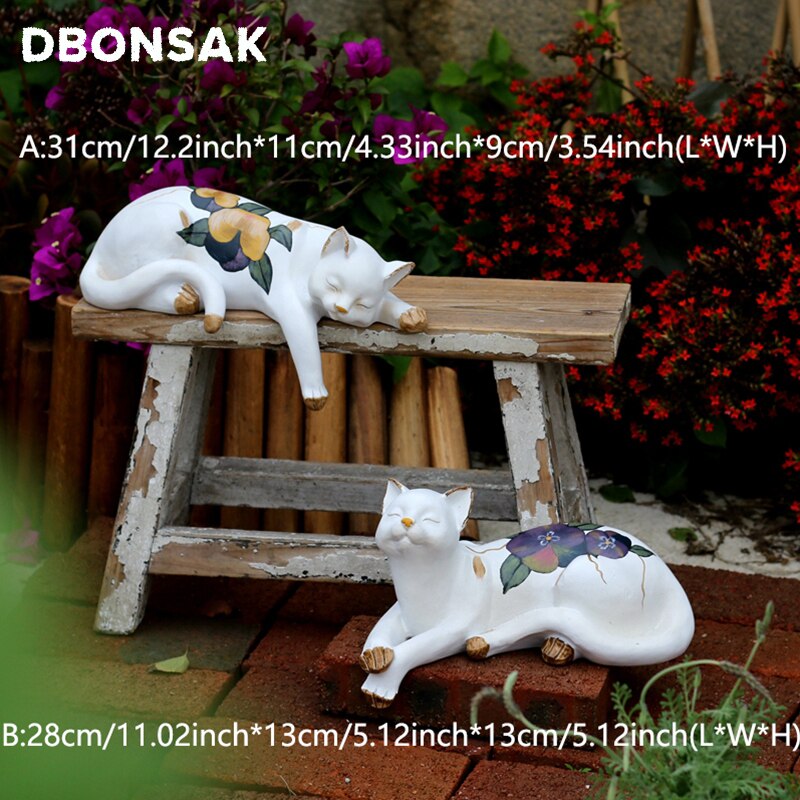 Luie Kat Sculptuur Dier Witte Kat Standbeeld Hars Bloem Kat Kitty Gazon Landschap Dier Ambachten Sculptuur Bloem Stand Decor