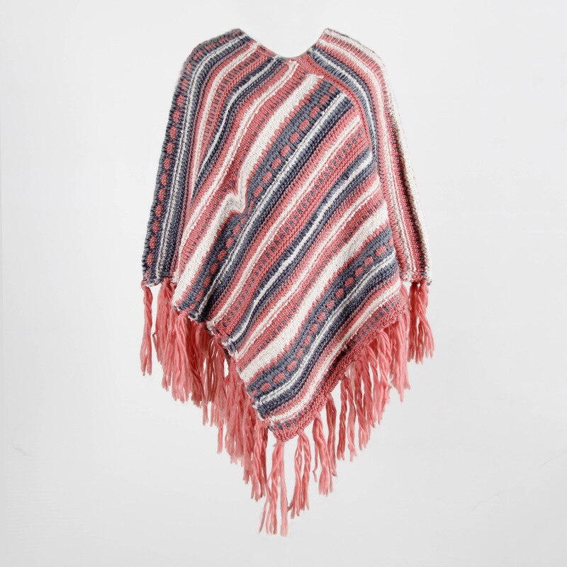 Kvindelige toppe o-hals dame strik sweater stribet kvinde sweater efterår vinter kvast kappe: Lyserød