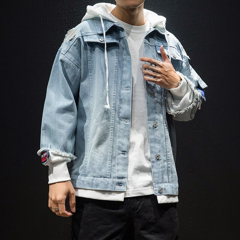 Herre denim jakker herre forår casual løst hul moto&biker denim frakker bomuld patchwork cowboy jakker