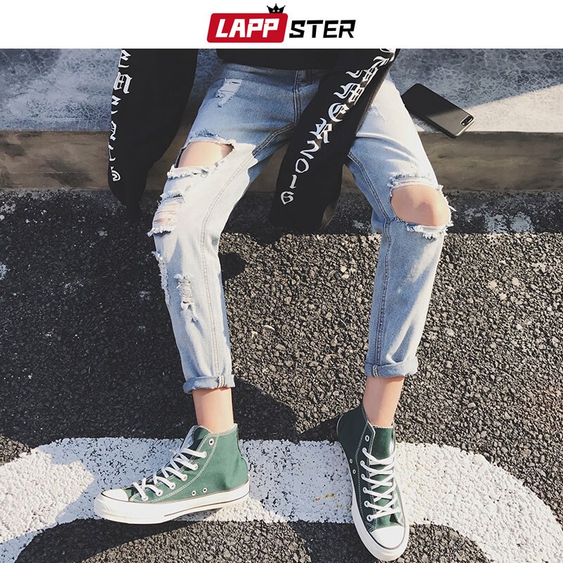 Lappster skinny jeans herr slitna hål streetwear herr distressed jeans slim fit manliga blå jeansbyxor