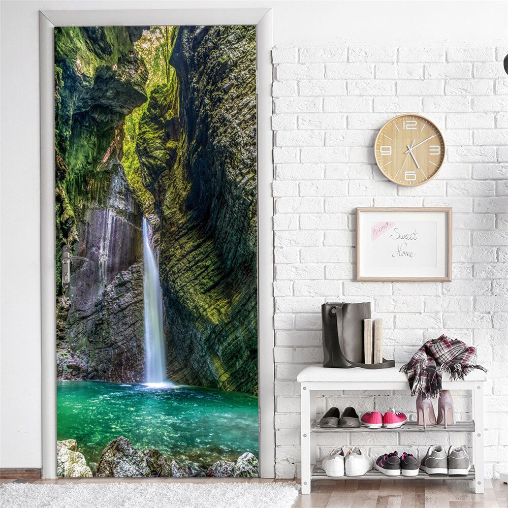3D Nature paysage cascades portes autocollant mural salon cuisine PVC auto-adhésif étanche autocollant sur la porte papier peint