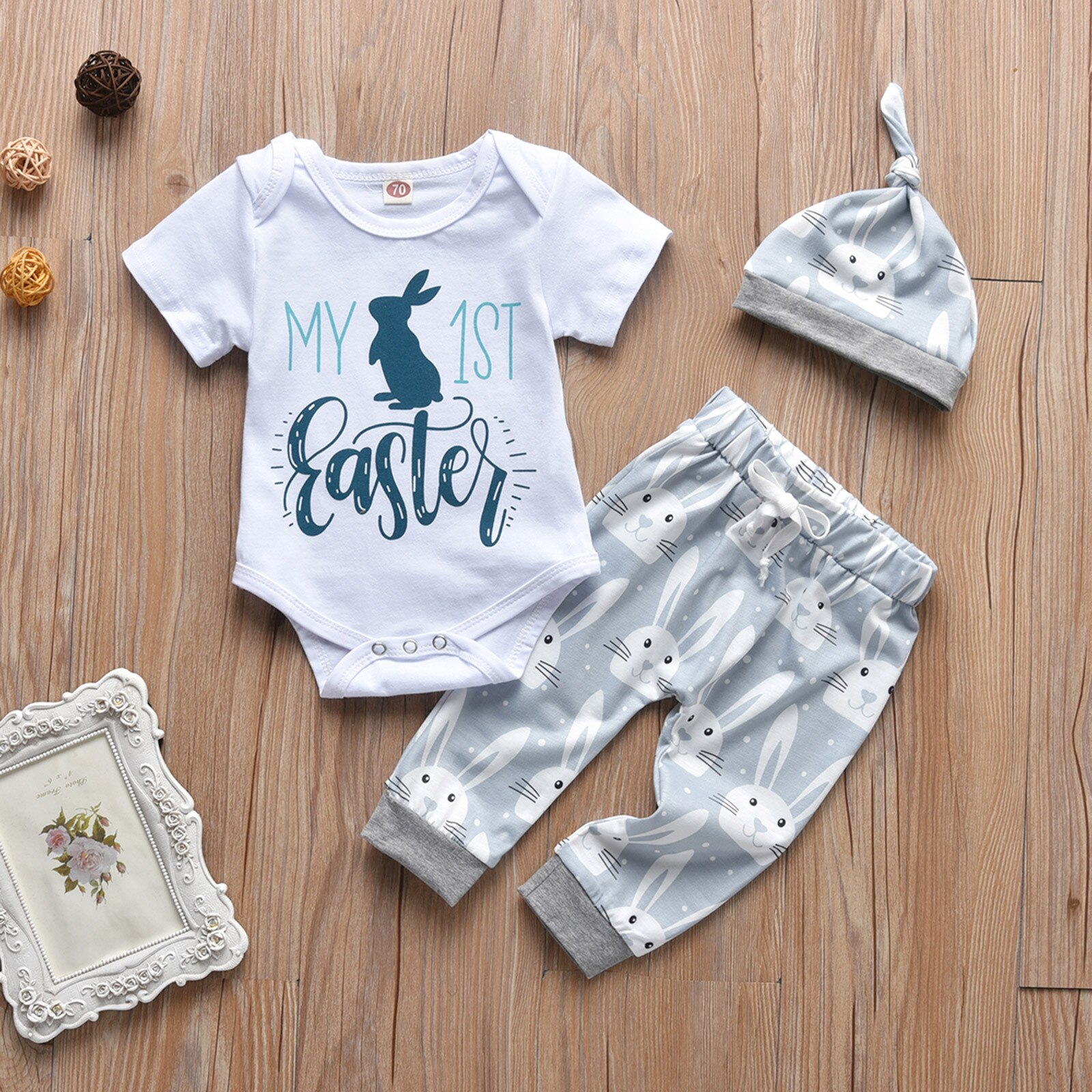 3PCS My First Easter Toddler Newborn Baby Girl Boy Easter Outfits Set Short Sleeve Bunny Tops+Print Pants+Hat Summer Clothes Set: 18M
