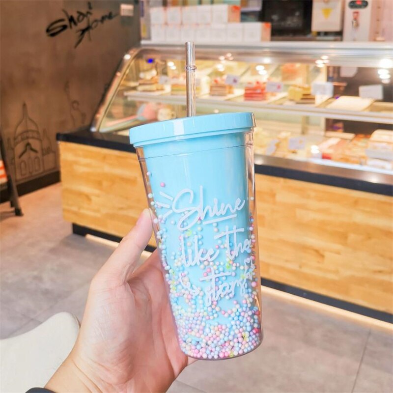Straw Cup Double Layer Eco-Friendly Plastic Drinkware Ins Girl Water Cup Anti-fall Milk Coffee Cups For Home Office J170: 8