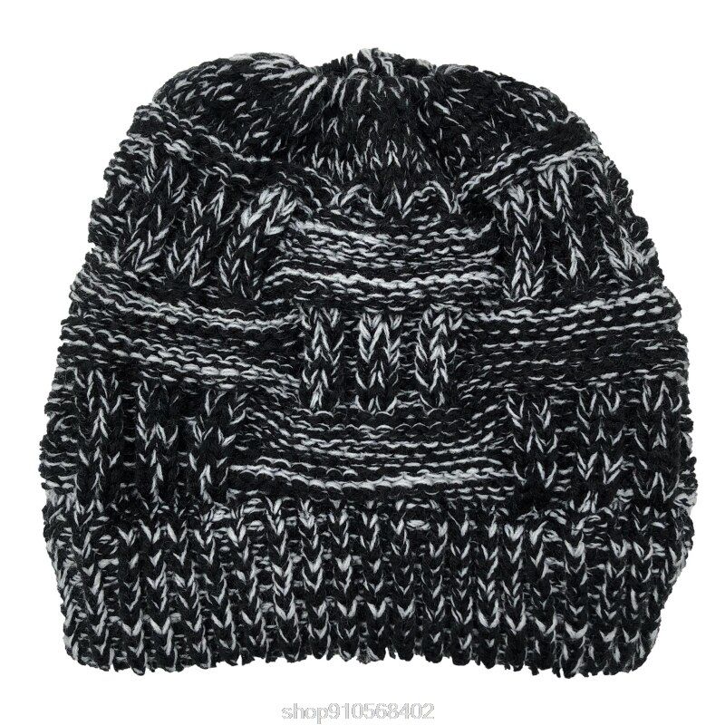 Chunky Plaid Knitted Beanie Hat with Ponytail Hole High Messy Bun Solid Color Stretch Skull Cap Ear Warmer N06 20: A