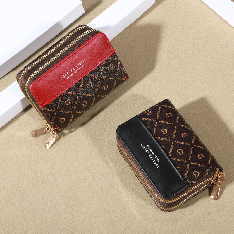 Mini portefeuille en similicuir avec double fermeture éclair, pochette classique compacte, fentes pour cartes multiples, poche coordonnante, protection RFID, chic