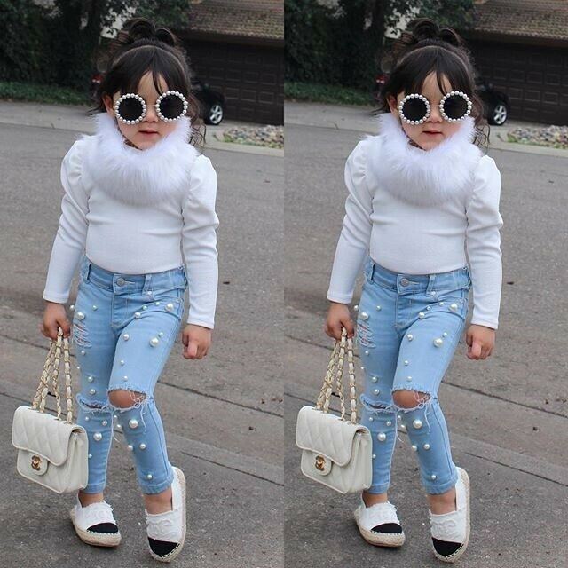 Meninas doces Do Bebê Contas Buraco Caber Jeans Verão Casual Desfiado Buraco Calça Jeans buraco azul Denim Calças Casuais ElasticTrousers