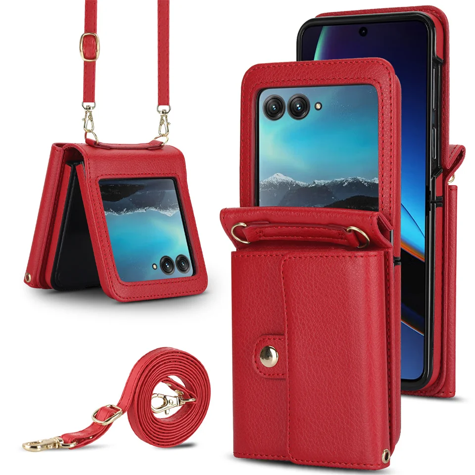 Umhängetasche aus Lanyard-Leder für Motorola Razr 40 Ultra, Moto Razr 40 Ultra, Brieftasche, Kartensteckplatz, stoßfeste Abdeckung, Handytasche: ABS / Rot