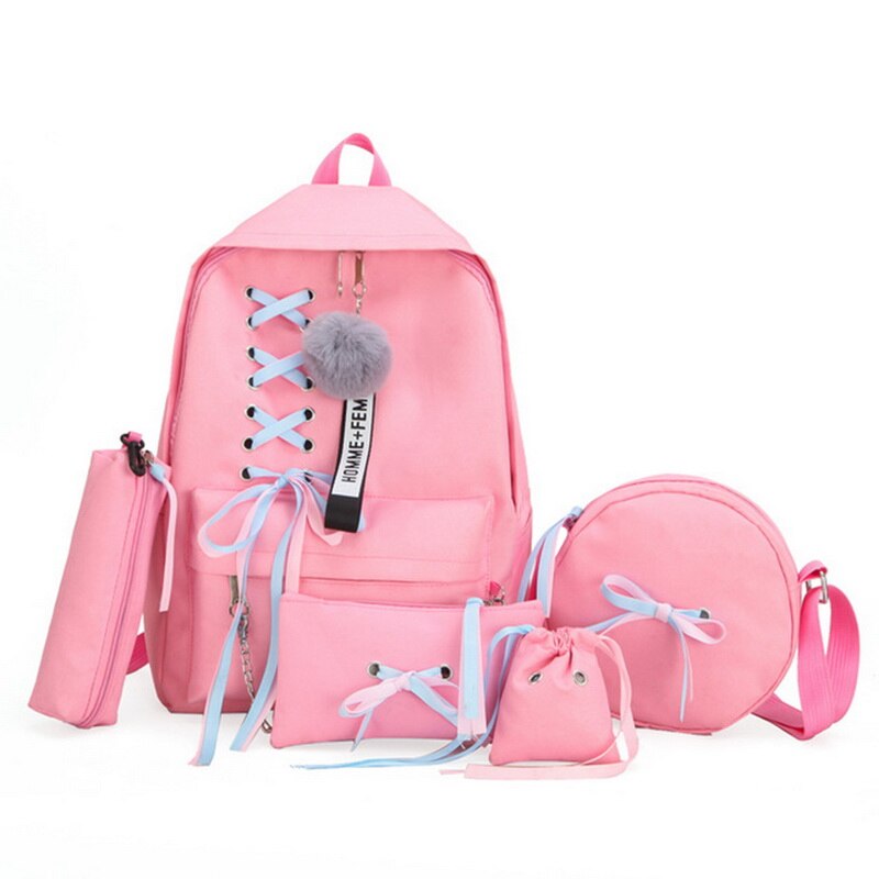 5 pçs/set mulheres mochila adolescente meninas corrente usb sacos de lona mochilas bolsa ombro feminino estudante sacos escola borla: Rosa