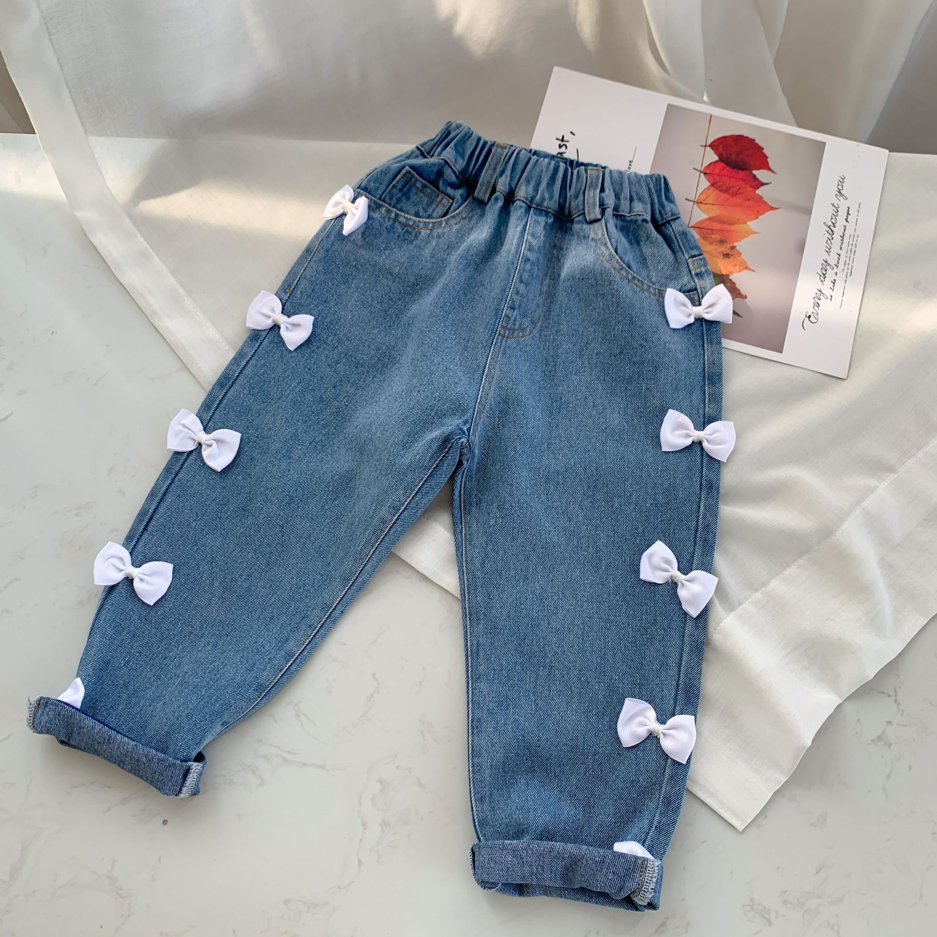 Lente Baby Meisjes Bowknots Denim Broek Koreaanse Stijl Kids Casual Zoete Jeans Kinderen Losse Broek