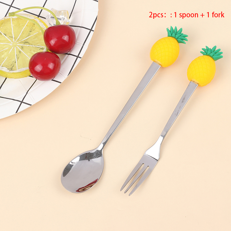 Tenedor de acero inoxidable con forma de fruta para niños, Mini tenedores para fruta, pastel, postre, ensalada, cubiertos de comida de dibujos animados, herramienta de cocina, 2 uds.: Pineapple