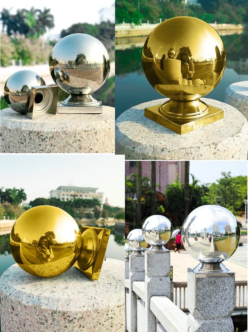 HQ Polished Stainless Steel 316 Grade Garden Outdoor Flagpole Gate Handrail Decoration Hollow Sphere Ball with Square Base