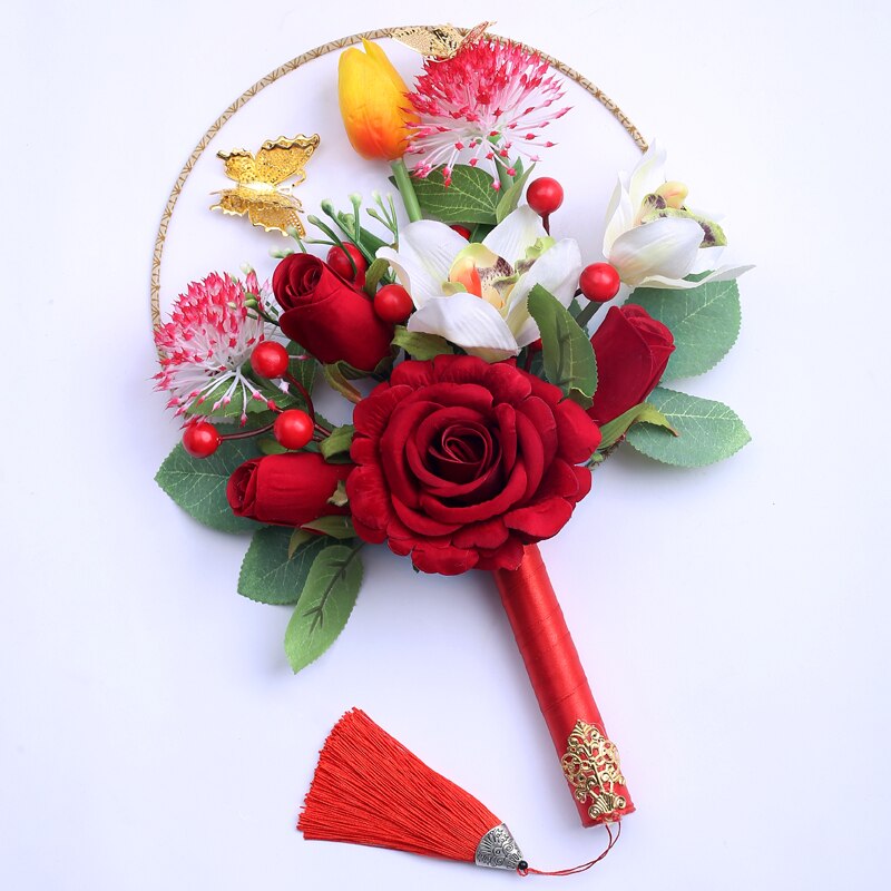 Kyunovia flor blanca amos de damas ramo broche ramo joyería buque novia flores de cristal ventilador estilo flor ramo de bodas ramo para niña D100: Rojo