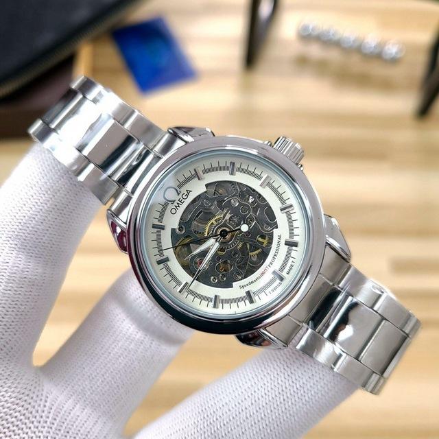 Omega- Brand Automatische Mechanische 007 Horloges Mannen Waterdichte Skeleton Polshorloge Met Vrouwen Mannen Lederen Band: 5