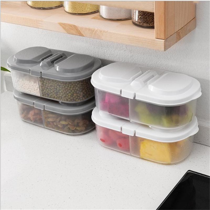 Double grid plastic food storage box transparent Stackable nut storage container with lid candy jar tank refrigerator organizer