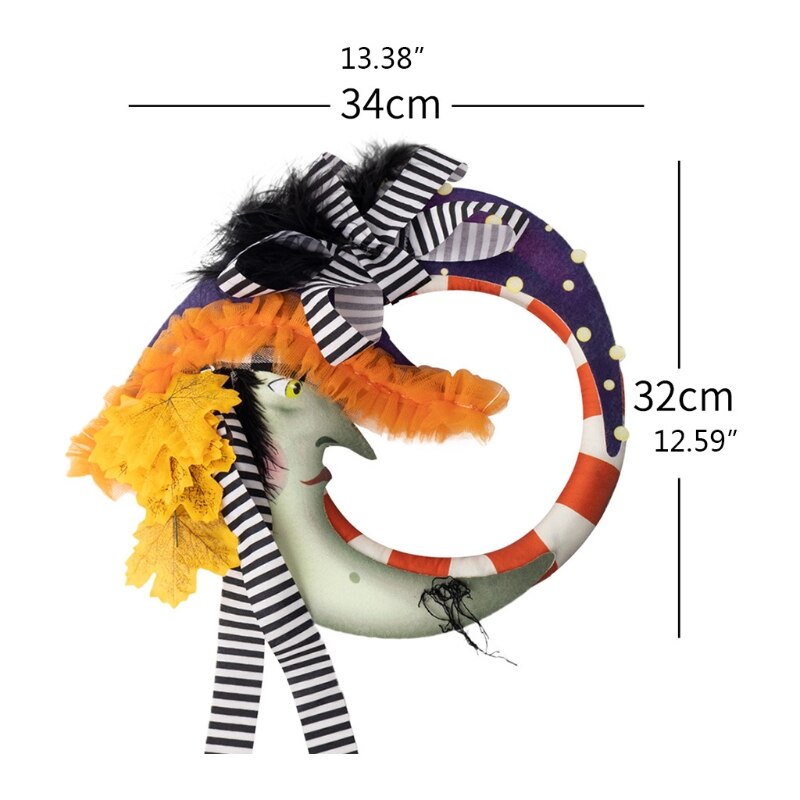 Q0KA Halloween Moon Wreath with Artificial Maple Leaf Striped Bow Throw Pillow Front Door Wall Garland Cushion Toy Home