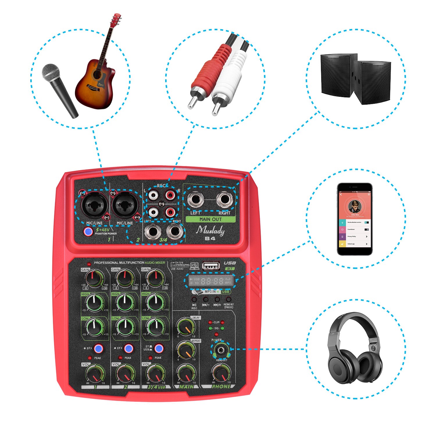 Muslady B4 Portable 4 Channels Audio Mixer USB Mixing Console Supports BT Connection with Sound Card Built-in 48V Phantom Power