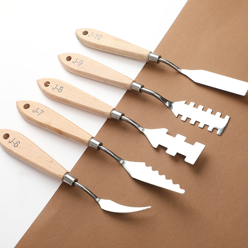 Raspador de arte de forma especial de cerámica de acero inoxidable, cuchillo de paleta de pintura acrílica con mango de madera, herramienta de cerámica con textura de pintura al óleo