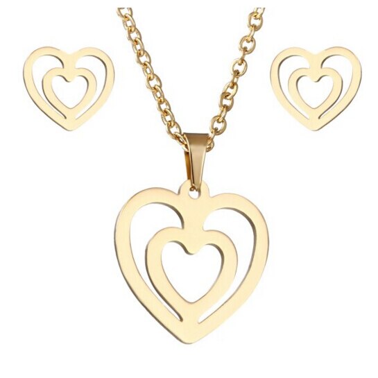 Rinhoo animal horse dragonfly Elephant Pendant necklace Earrings set Women Gold color Stainless Steel jewelry Set: Heart1