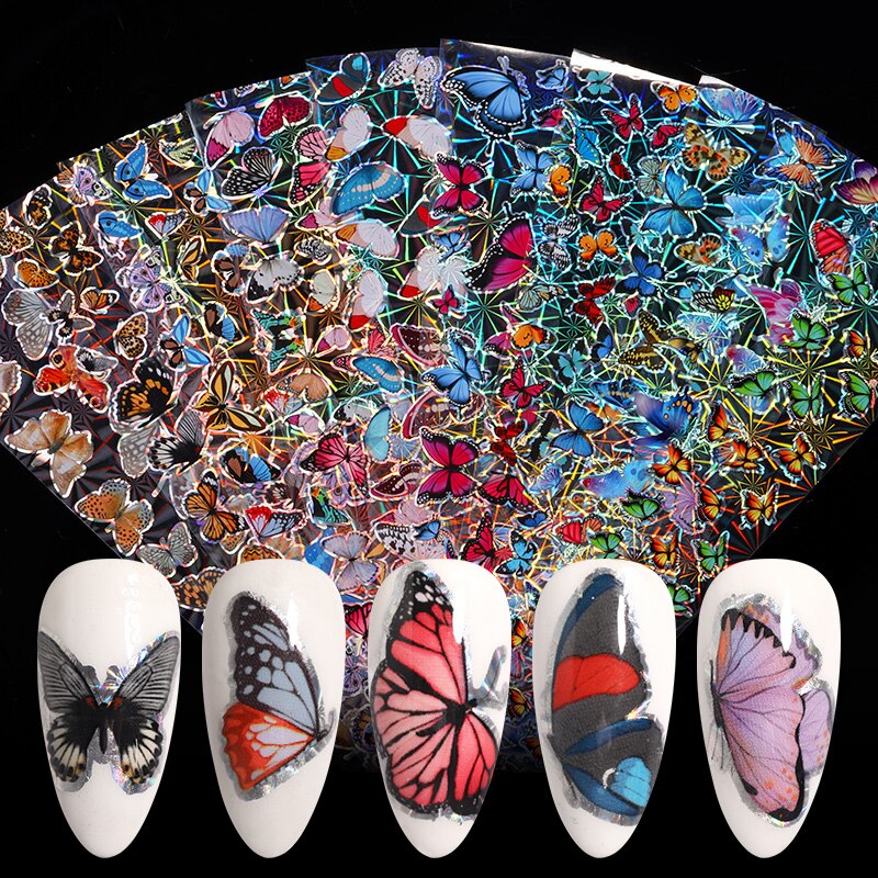 10 Stks/set Nail Stickers Kleurrijke Holographics Vlinder Transfer Stickers Nail Folies Decals Diy Nail Art Decoratie