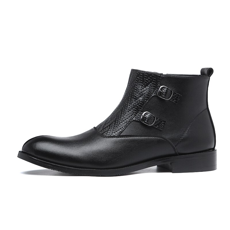 Dragkedja ankelstövlar metallspänne chelsea boots herr spetsiga tå plattor halkfria slitstarka cusual läderskor