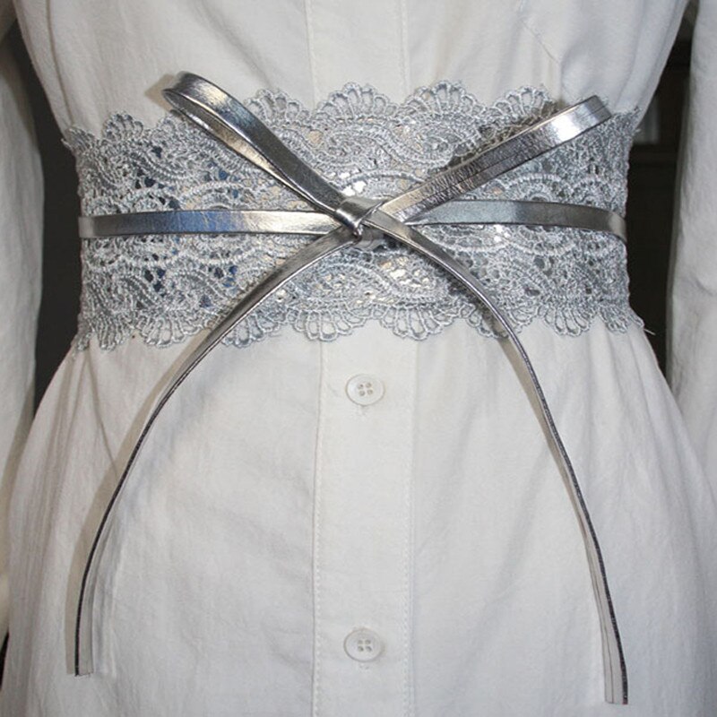 Boho Style large Corset dentelle ceinture femme ceinture élastique ceintures pour femmes robe de mariée ceinture: silver